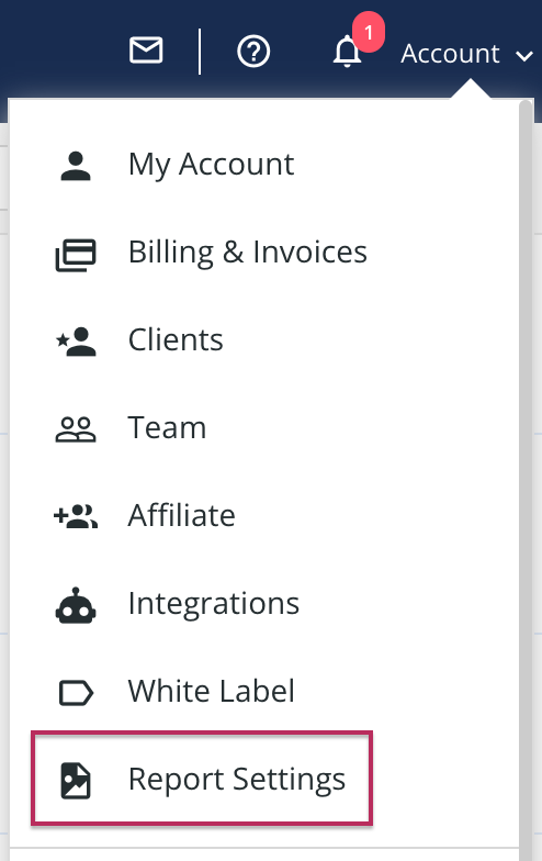 Report Settings option in Account menu for client reports