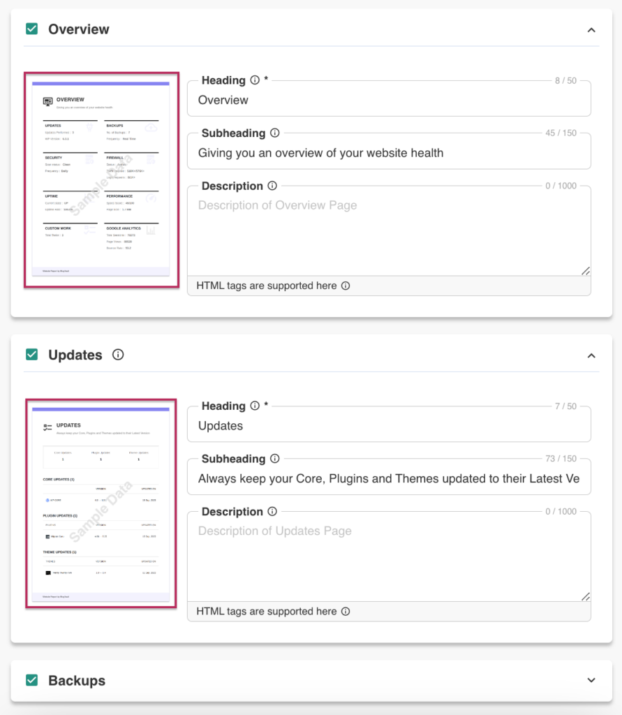 Section-wise template page preview for client reports